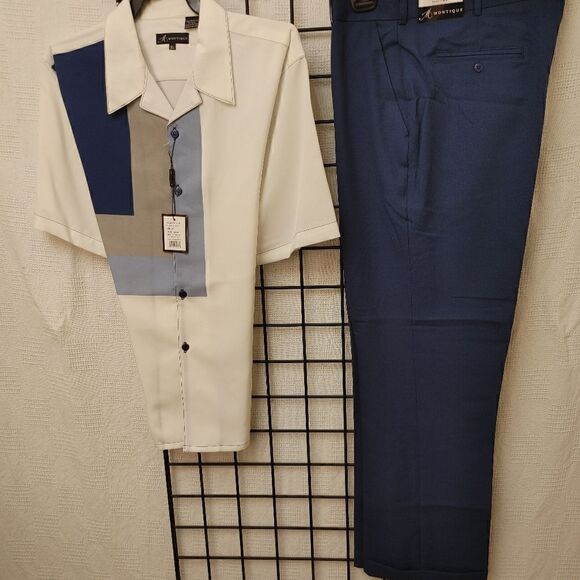 MEN'S MONTIQUE NAVY SQUARE PATTERN SHORT SLEEVE 2 PIECE WALKING SET. - Picture 2 of 9